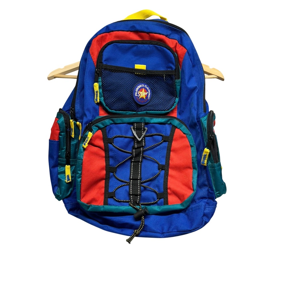 Vintage Rugged Cargo Kids Stuff Backpack Color Block Blue Red Yellow 90s Retro